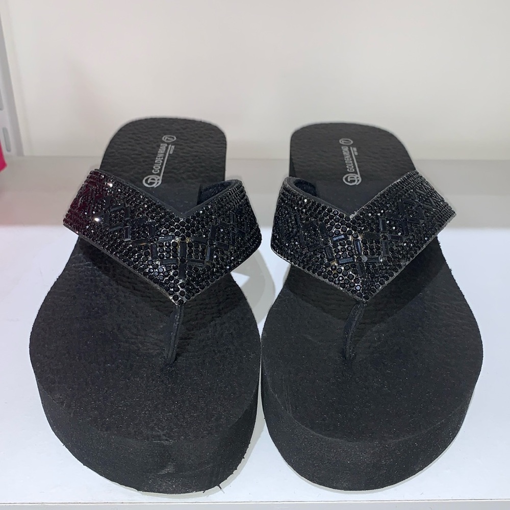 BLACK SPARKLY WEDGE SANDALS